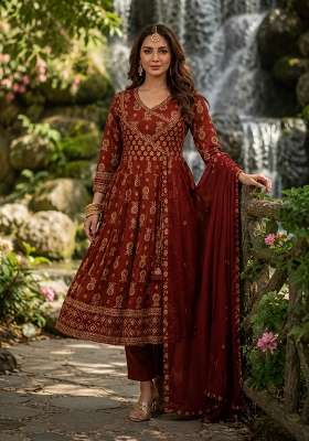 Brown Printed Cotton Kurta Set