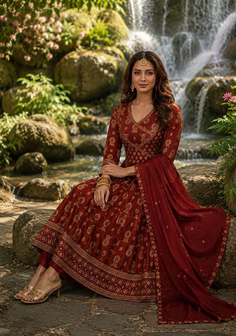Brown Printed Cotton Kurta Set - Indya