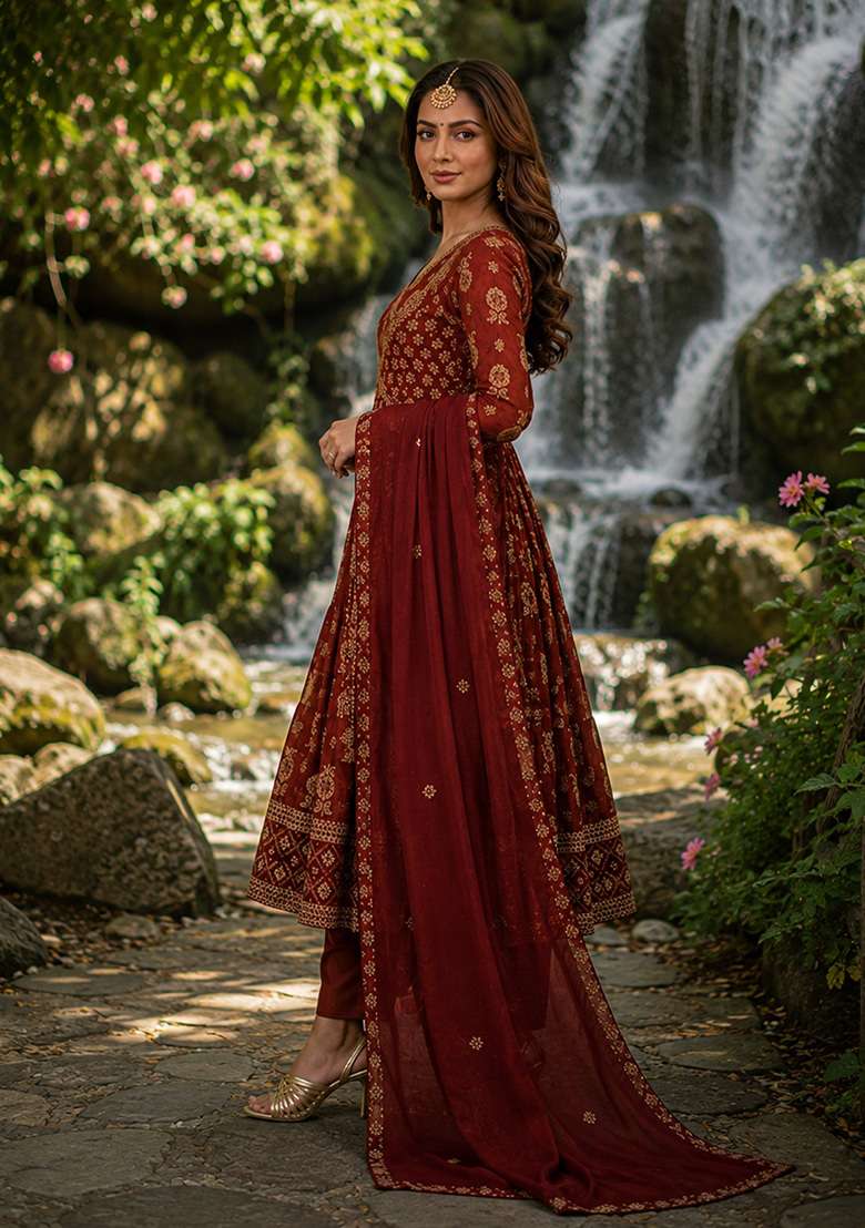 Brown Printed Cotton Kurta Set - Indya