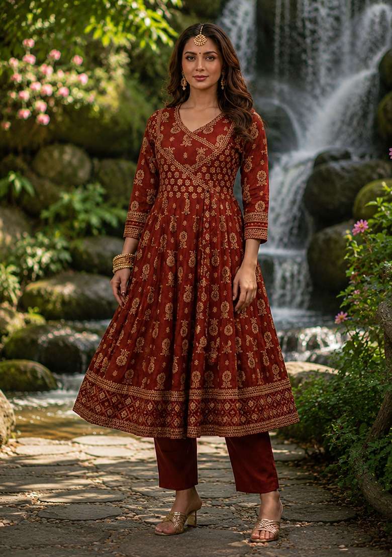Brown Printed Cotton Kurta Set - Indya