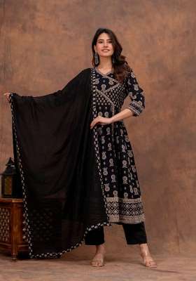 Black Printed Cotton Kurta Set