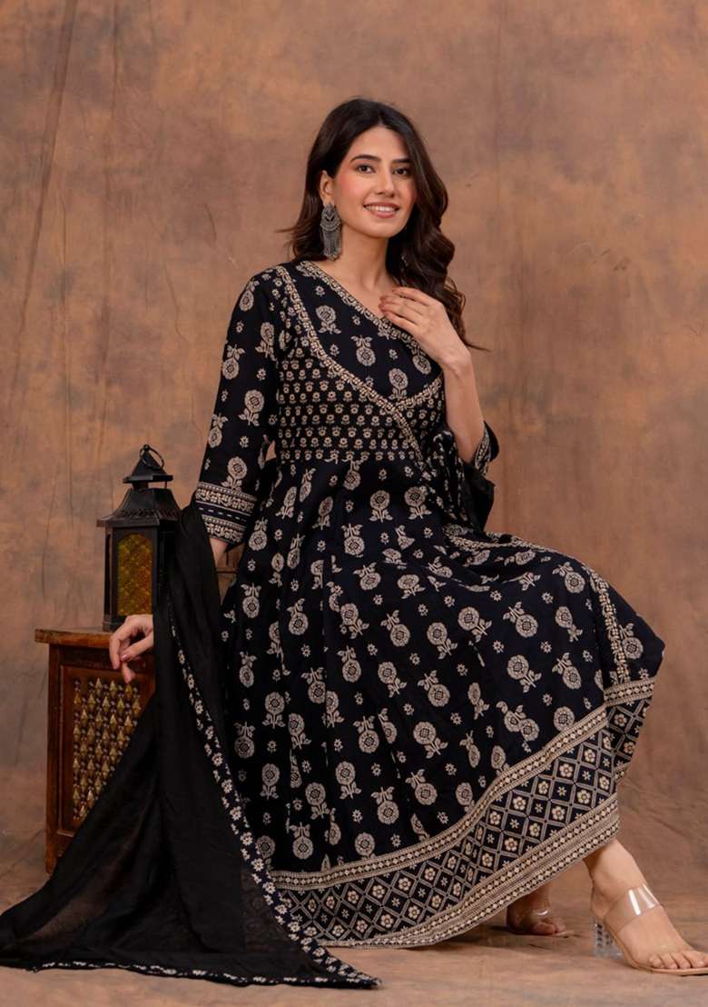 Black Printed Cotton Kurta Set - Indya