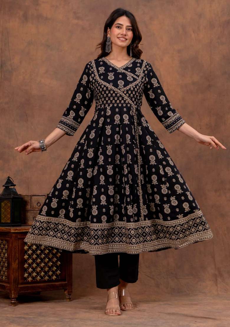 Black Printed Cotton Kurta Set - Indya