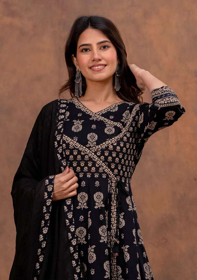 Black Printed Cotton Kurta Set - Indya