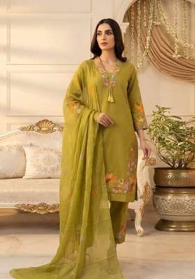 Olive Embroidery Cotton Kurta Set