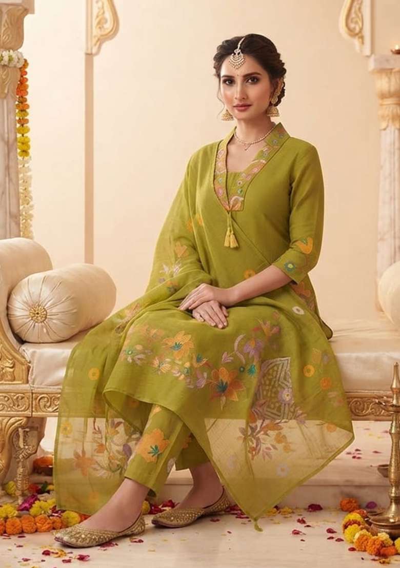 Olive Embroidery Cotton Kurta Set - Indya