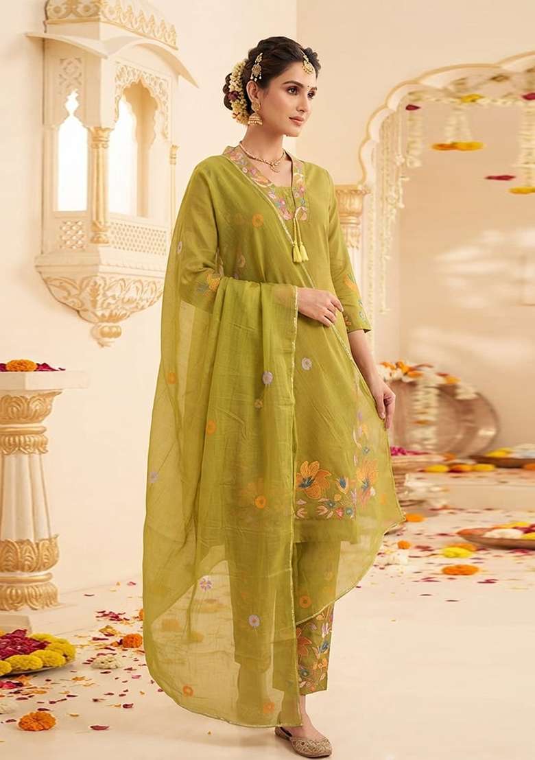 Olive Embroidery Cotton Kurta Set - Indya