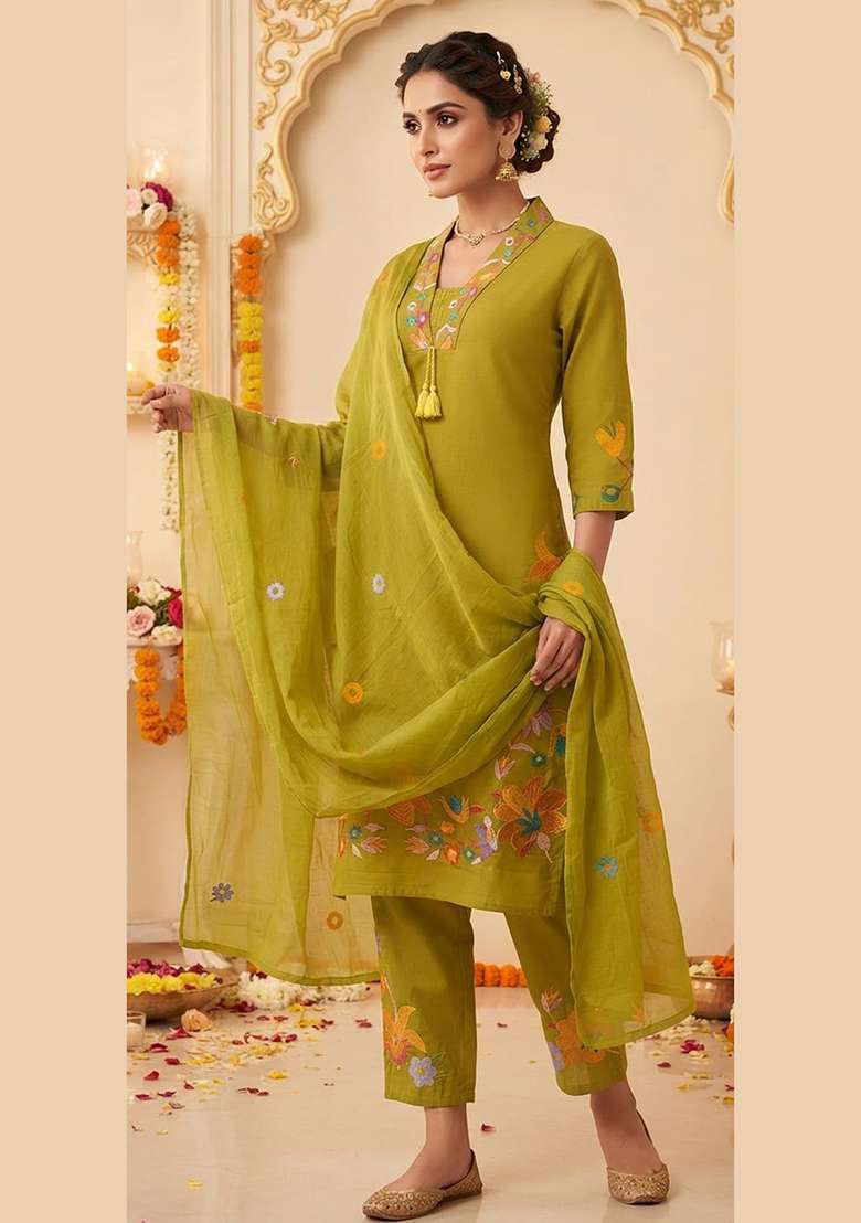 Olive Embroidery Cotton Kurta Set - Indya