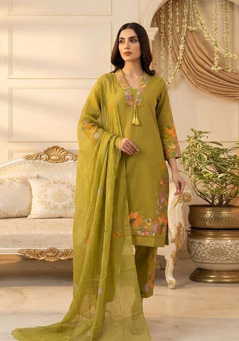 Olive Embroidery Cotton Kurta Set