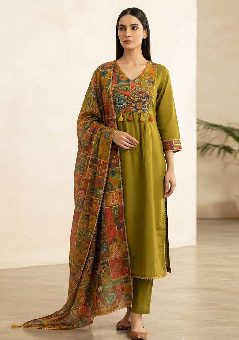 Green Printed Cotton Kurta Set - Indya
