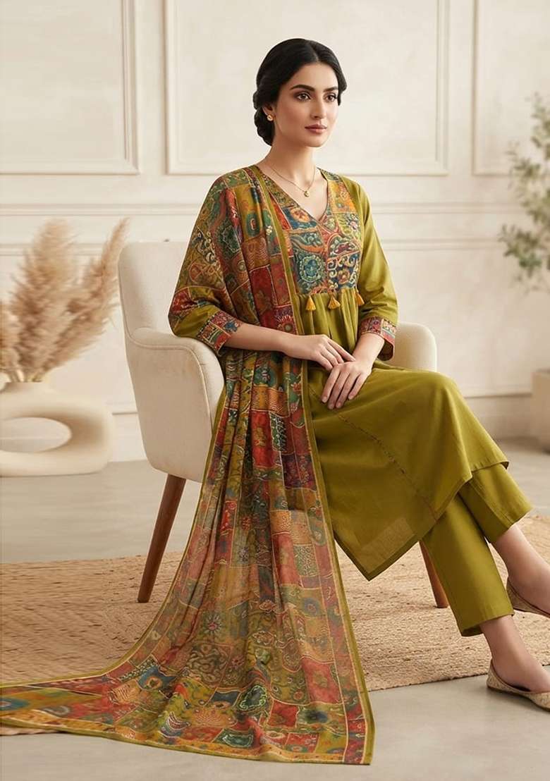 Green Printed Cotton Kurta Set - Indya