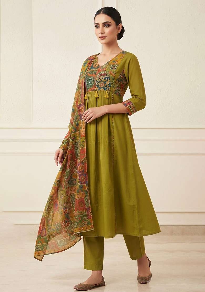 Green Printed Cotton Kurta Set - Indya