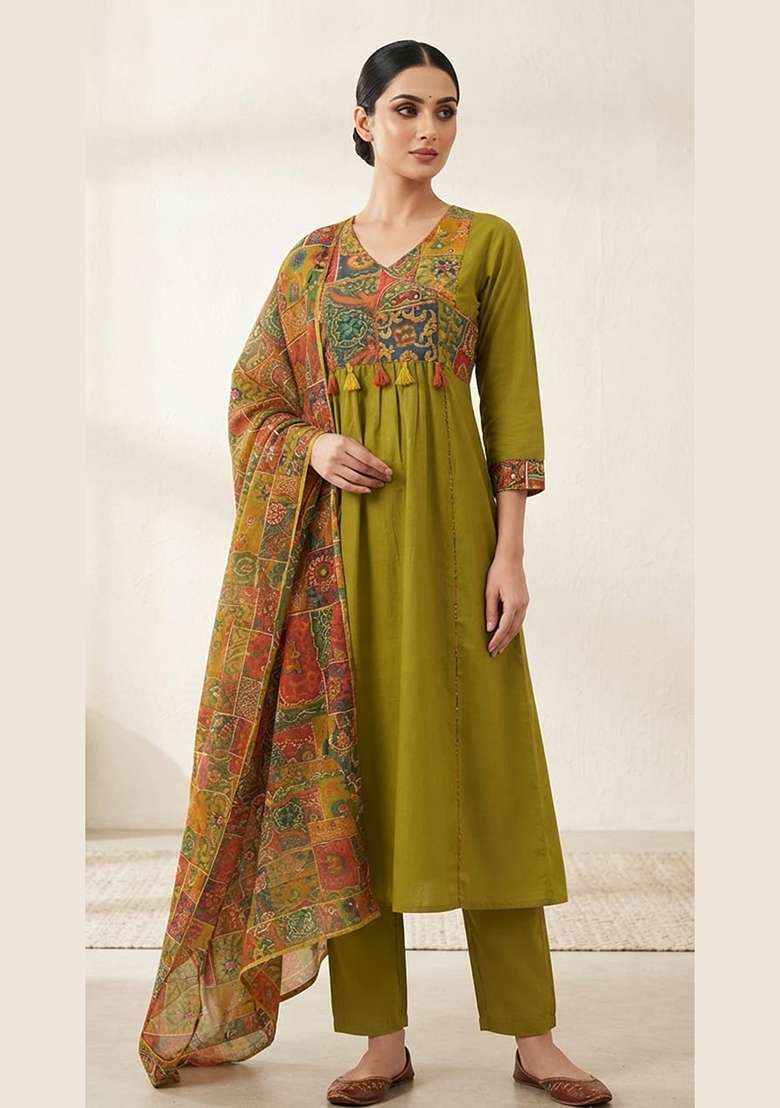 Green Printed Cotton Kurta Set - Indya
