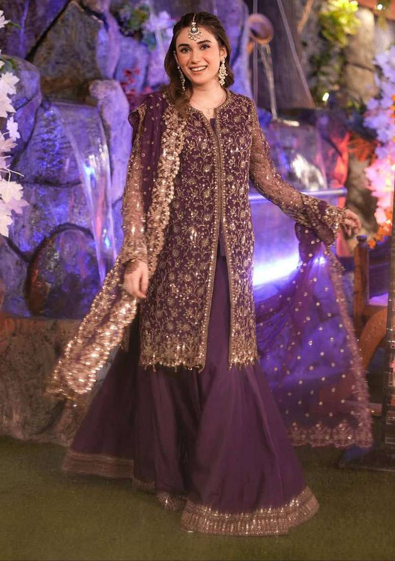 Purple Embroidery Silk Palazzo Set - Indya