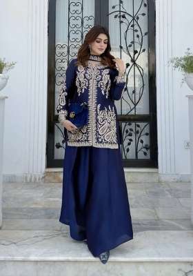 Blue Embroidery Silk Palazzo Set