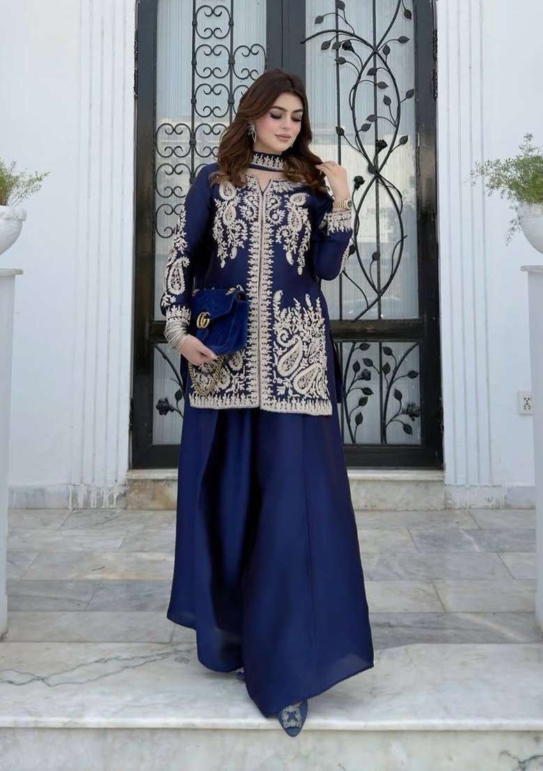 Blue Embroidery Silk Palazzo Set - Indya