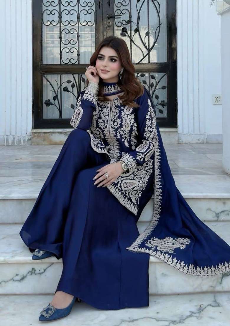 Blue Embroidery Silk Palazzo Set - Indya
