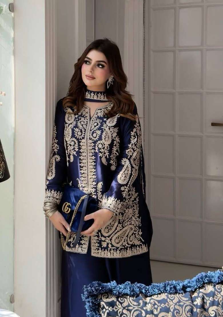 Blue Embroidery Silk Palazzo Set - Indya
