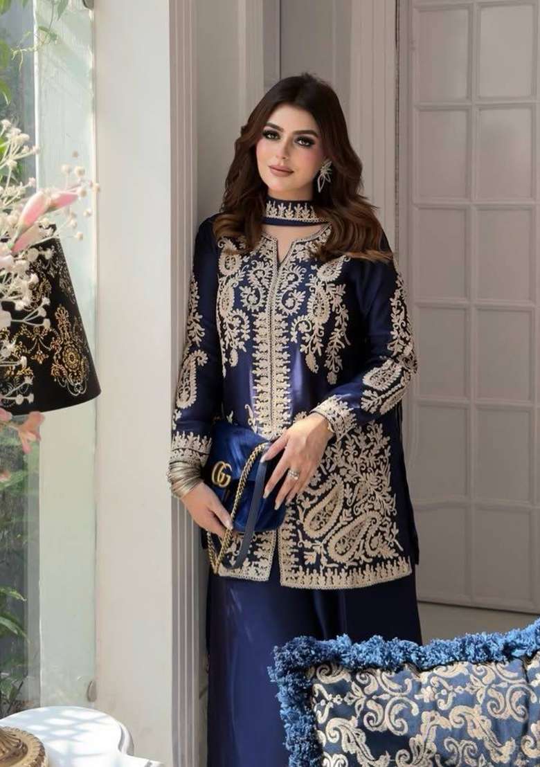 Blue Embroidery Silk Palazzo Set - Indya