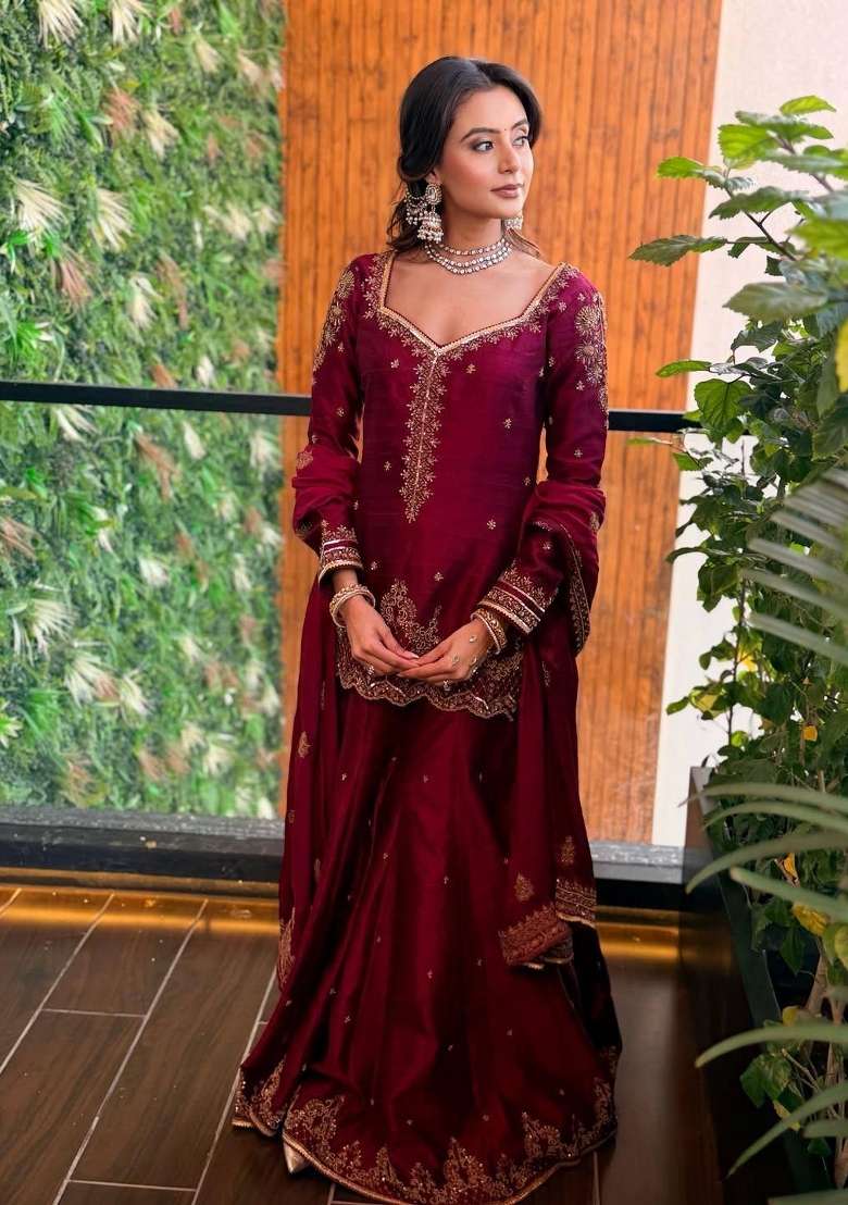 Maroon Embroidery Silk Palazzo Set - Indya