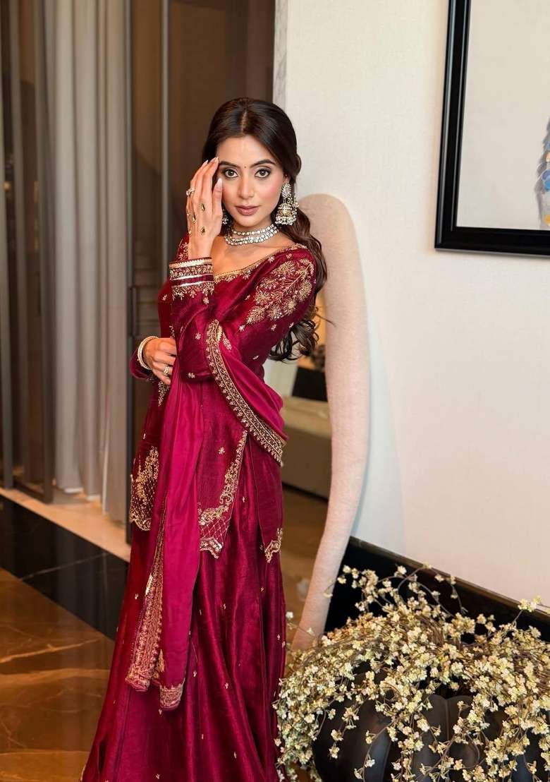 Maroon Embroidery Silk Palazzo Set - Indya