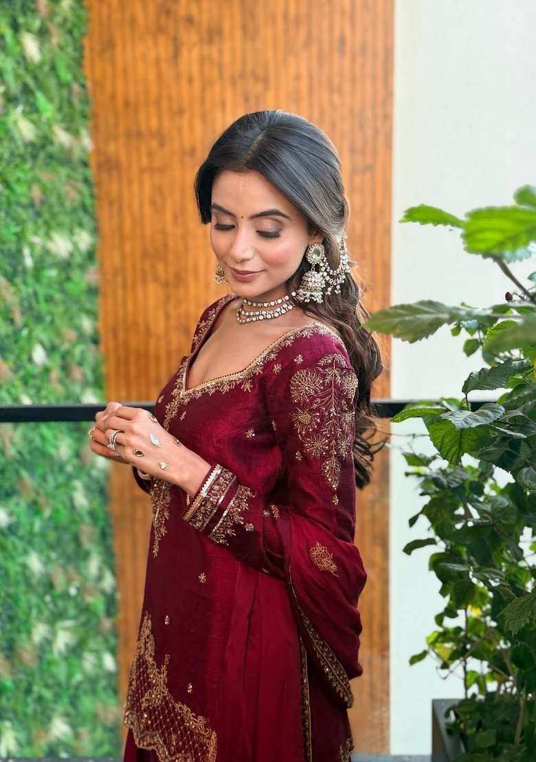 Maroon Embroidery Silk Palazzo Set - Indya