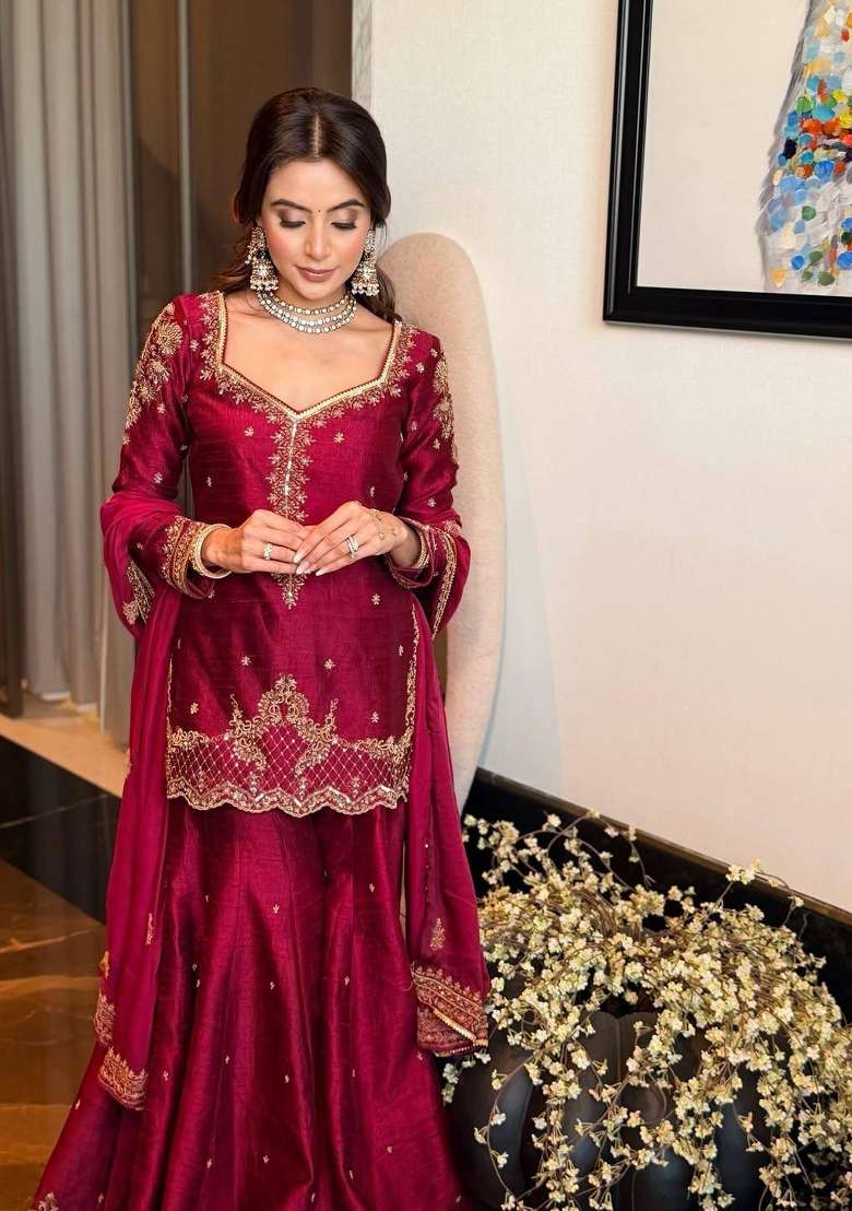 Maroon Embroidery Silk Palazzo Set - Indya