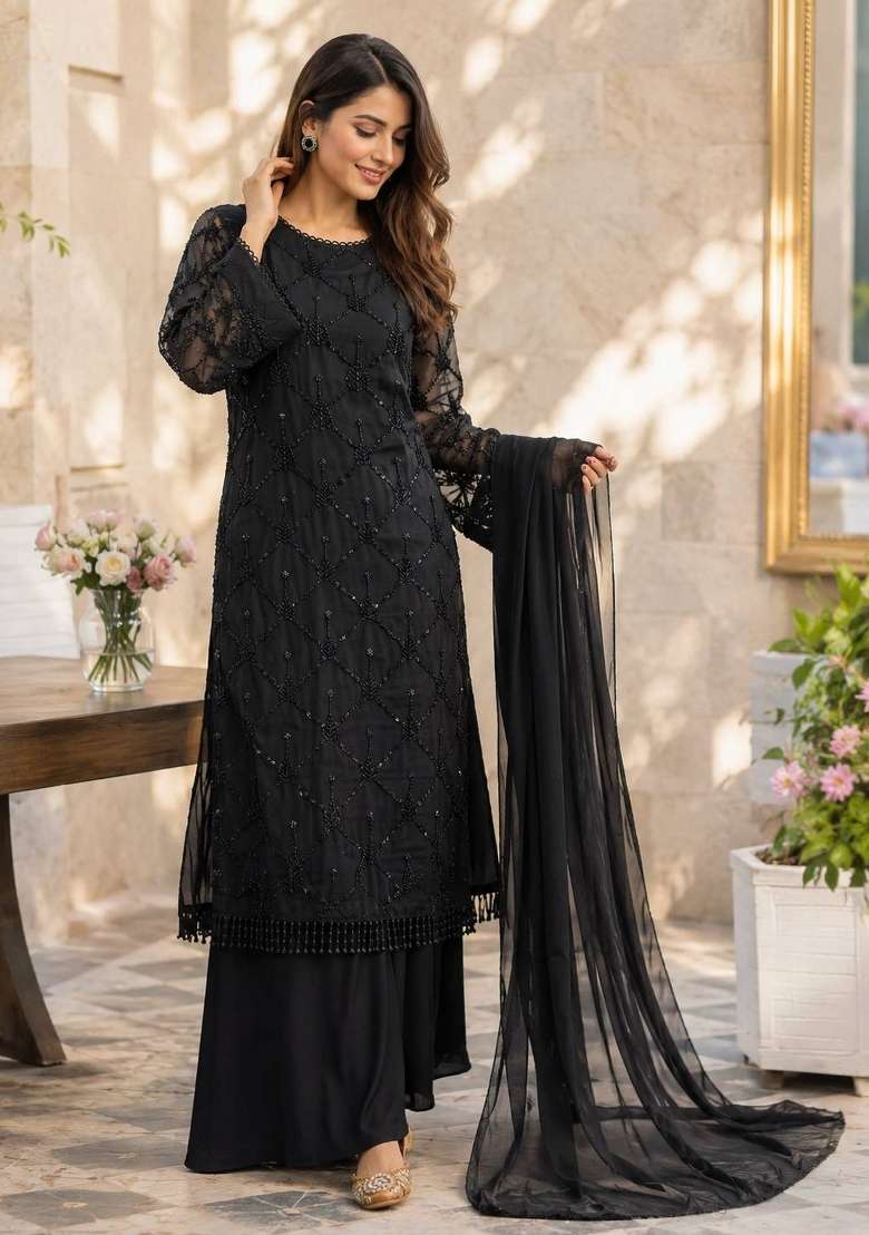 Black Embroidery Georgette Palazzo Set - Indya