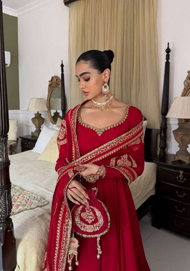 Red Embroidery Silk Palazzo Set - Indya