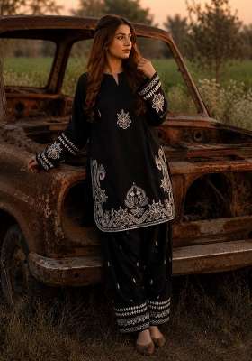 Black Embroidery Silk Palazzo Set