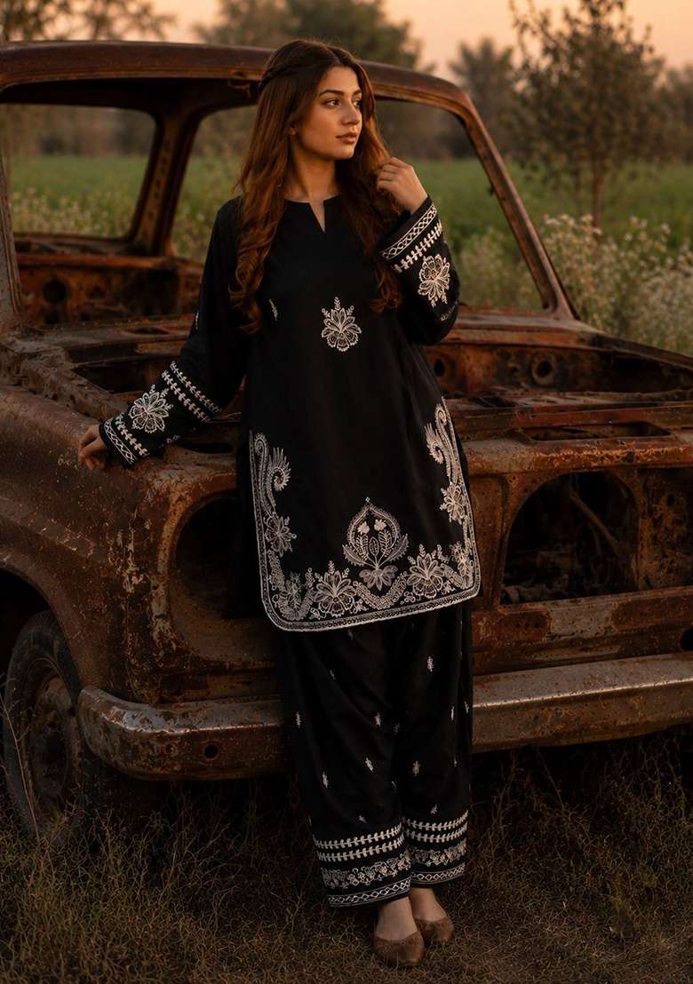 Black Embroidery Silk Palazzo Set - Indya
