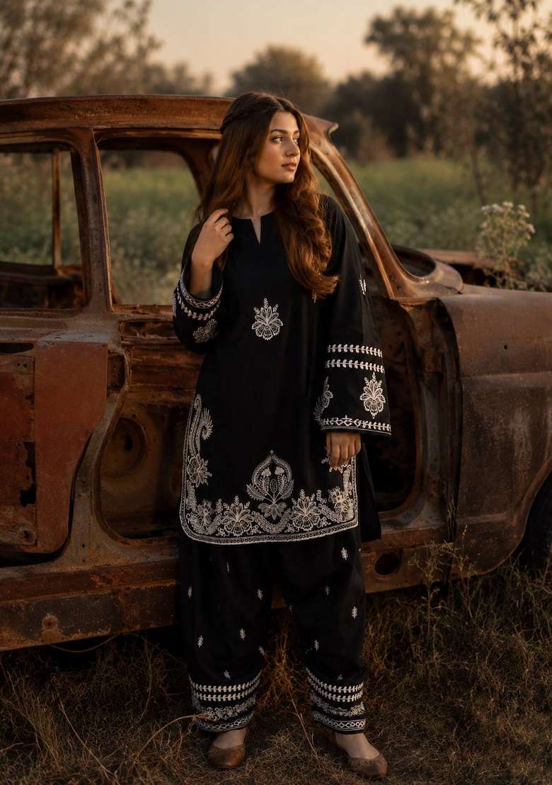 Black Embroidery Silk Palazzo Set - Indya