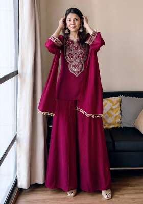 Red Embroidery Silk Palazzo Set