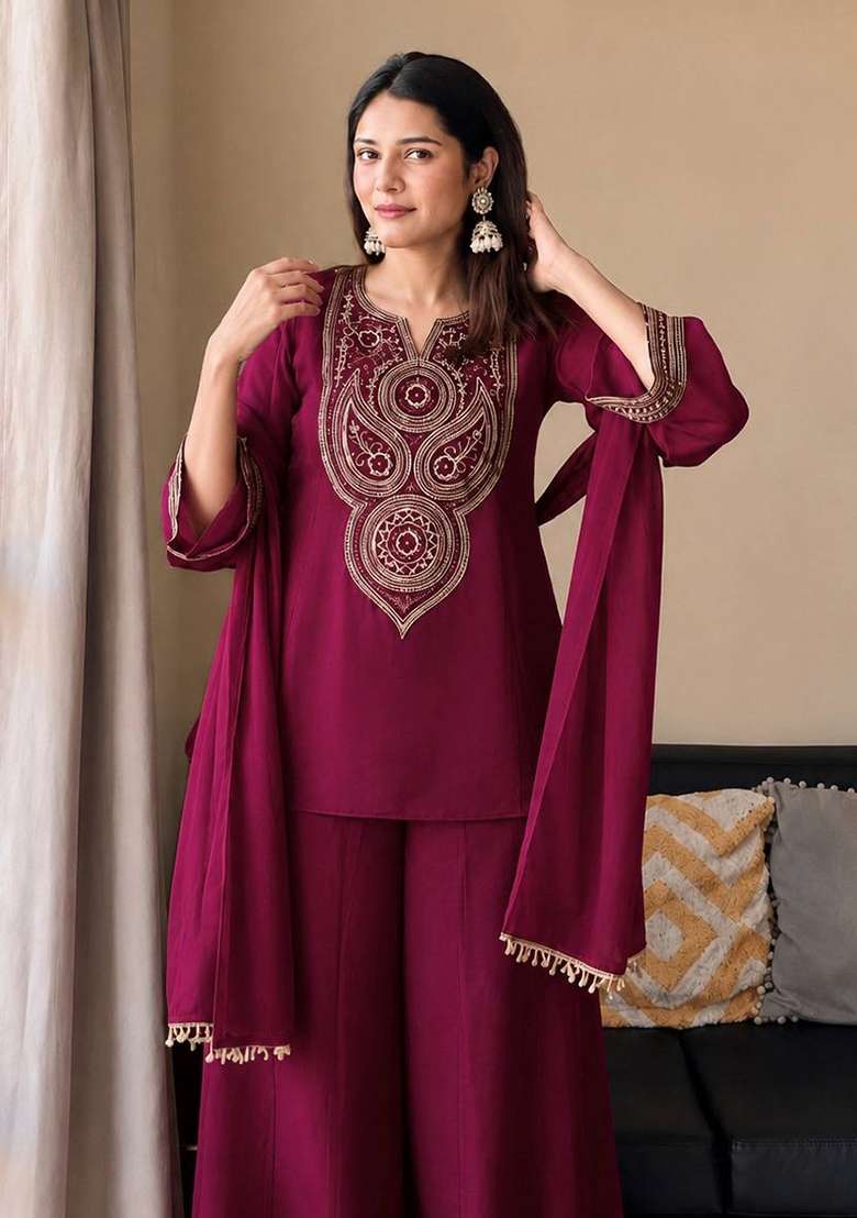 Red Embroidery Silk Palazzo Set - Indya