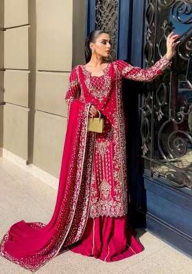 Maroon Embroidery Chinon Palazzo Set