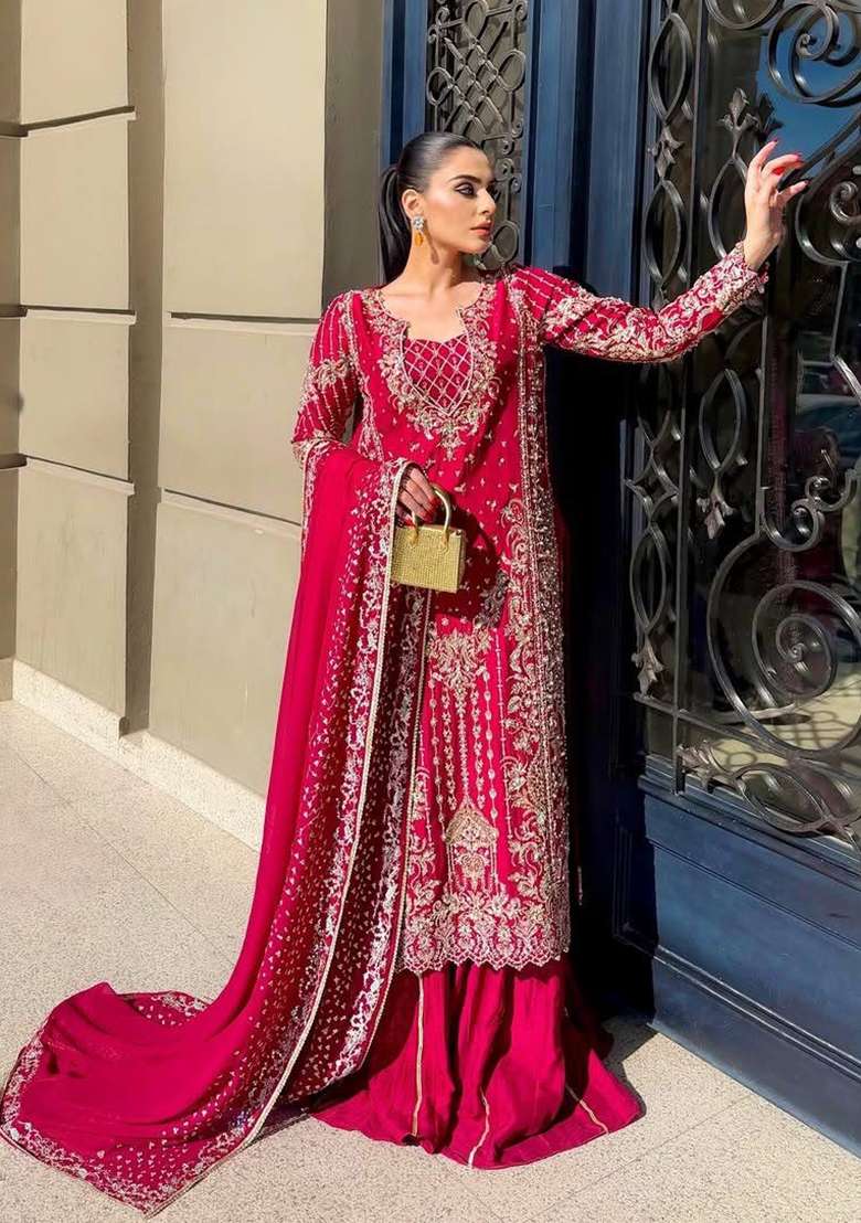 Maroon Embroidery Chinon Palazzo Set - Indya