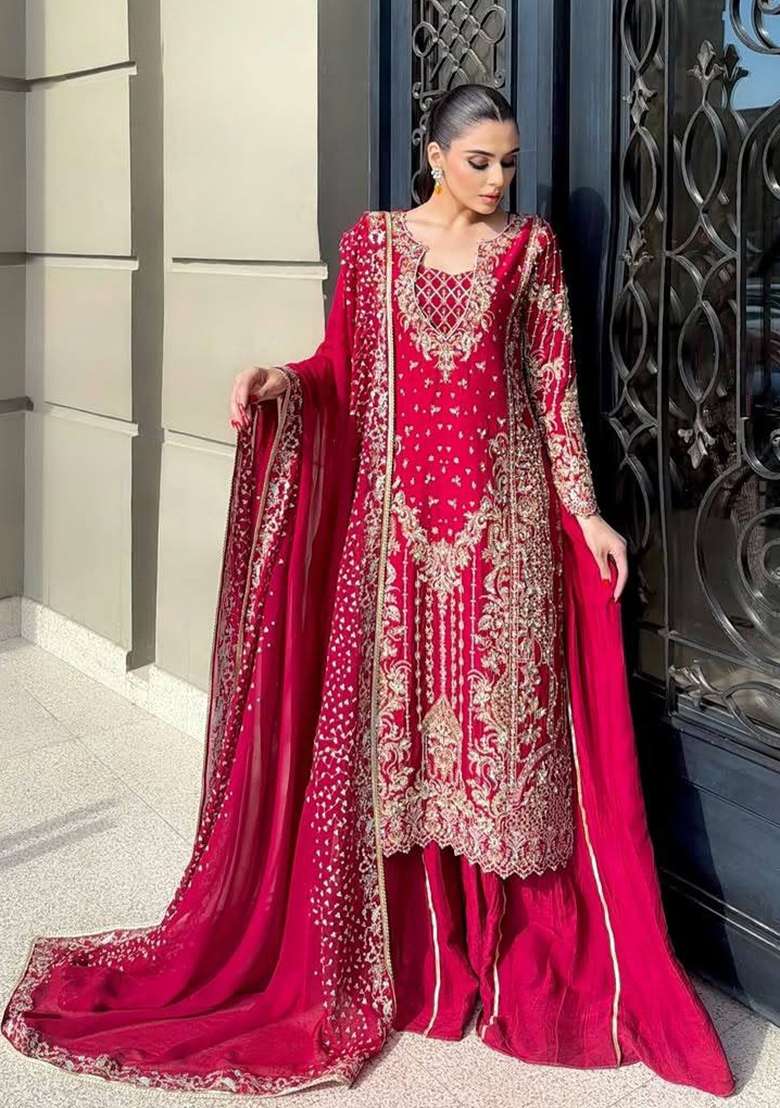 Maroon Embroidery Chinon Palazzo Set - Indya