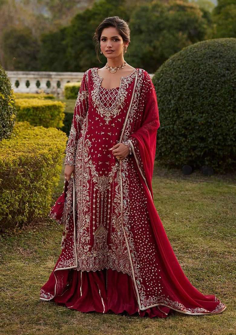 Maroon Embroidery Chinon Palazzo Set - Indya