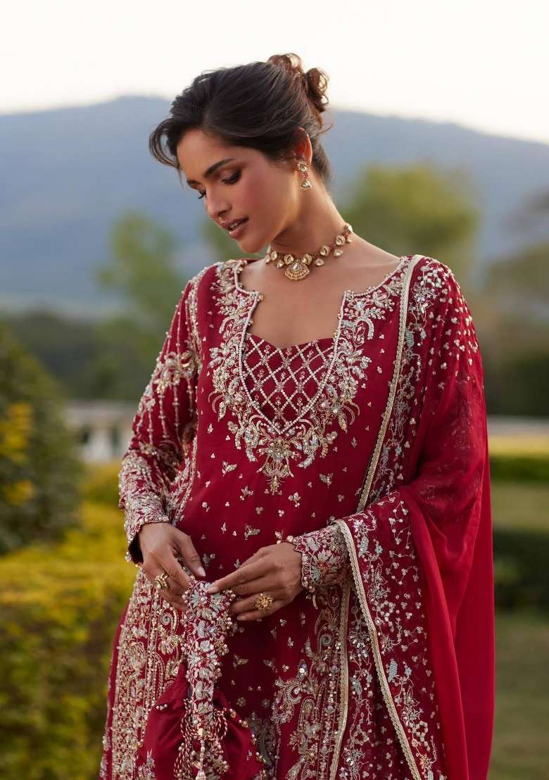Maroon Embroidery Chinon Palazzo Set - Indya