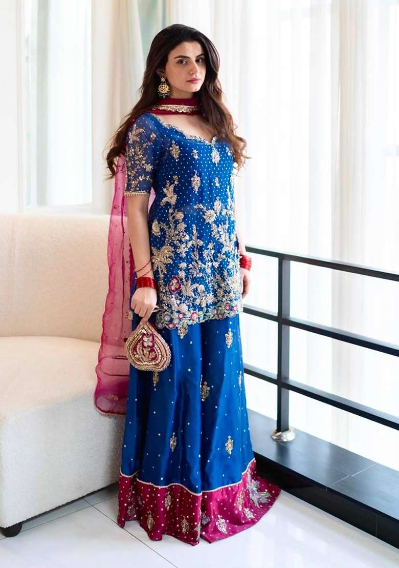Blue Embroidery Georgette Palazzo Set - Indya