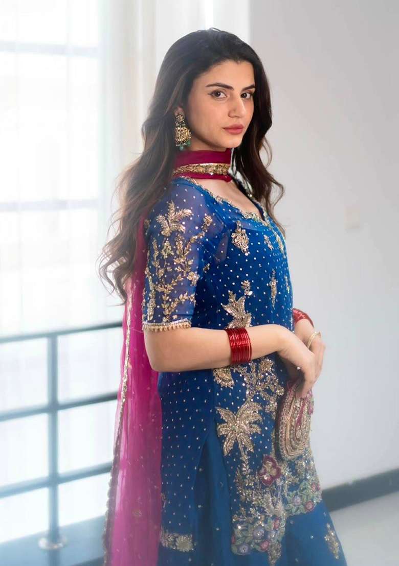 Blue Embroidery Georgette Palazzo Set - Indya