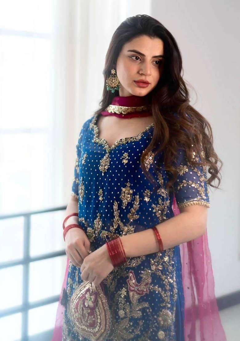 Blue Embroidery Georgette Palazzo Set - Indya