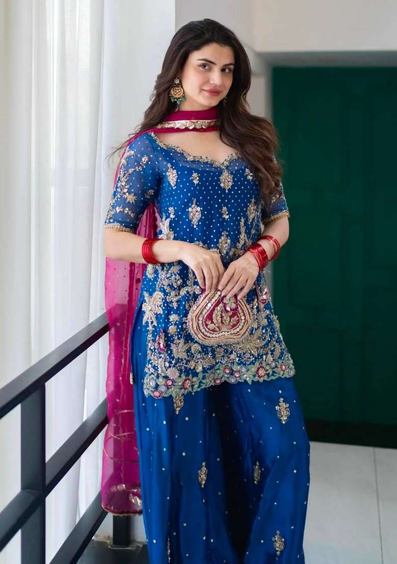 Blue Embroidery Georgette Palazzo Set - Indya