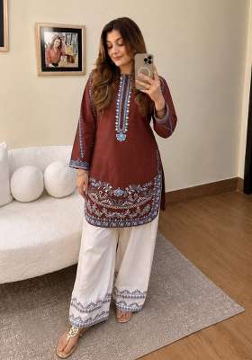 Brown Embroidery Crepe Palazzo Set