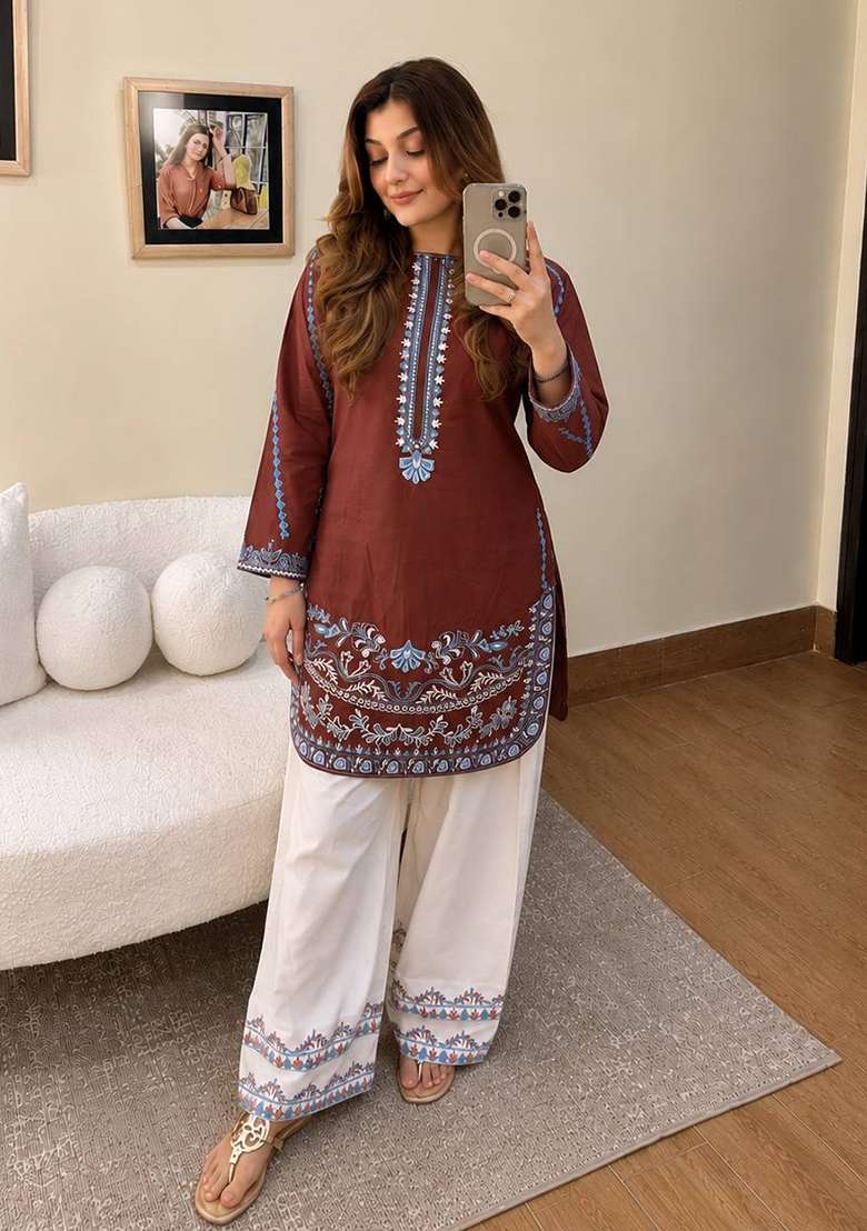 Brown Embroidery Crepe Palazzo Set - Indya