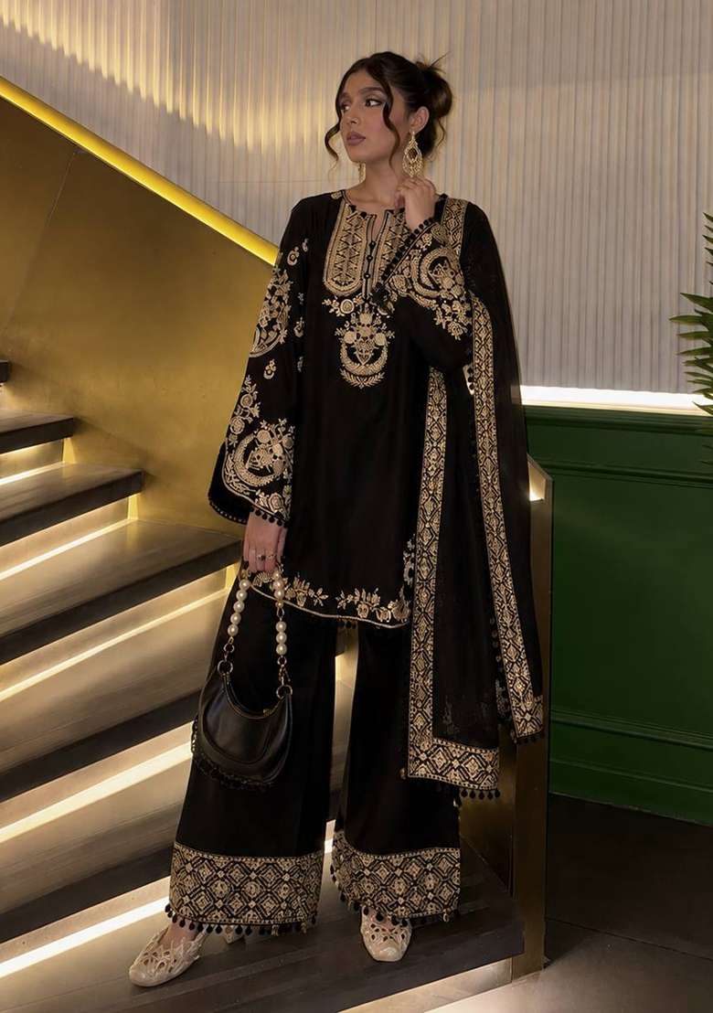 Black Embroidery Crepe Palazzo Set - Indya