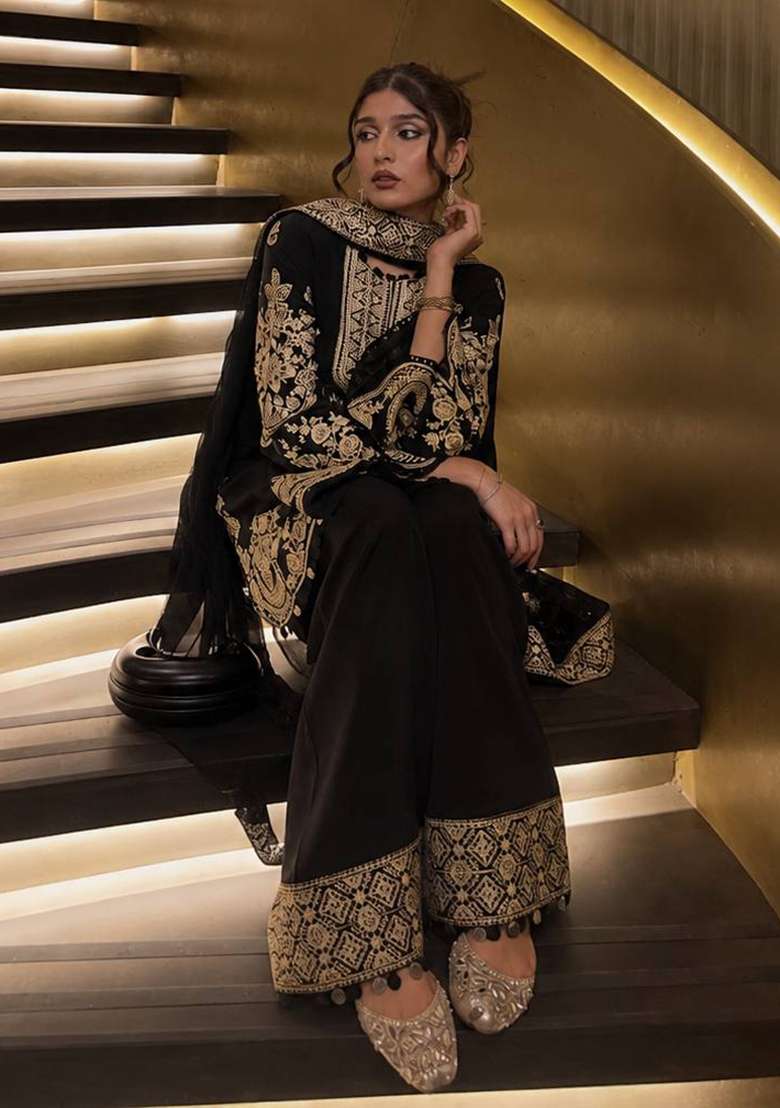 Black Embroidery Crepe Palazzo Set - Indya