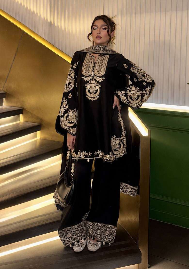 Black Embroidery Crepe Palazzo Set - Indya