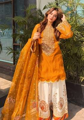 Yellow Embroidery Organza Palazzo Set