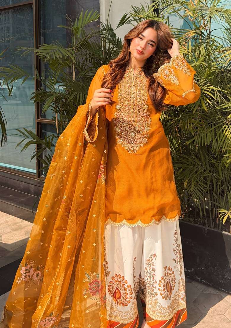 Yellow Embroidery Organza Palazzo Set - Indya